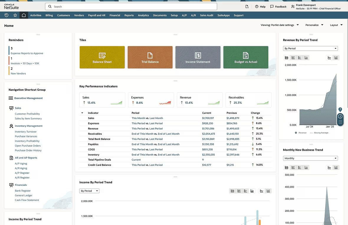 Oracle NetSuite dashboard